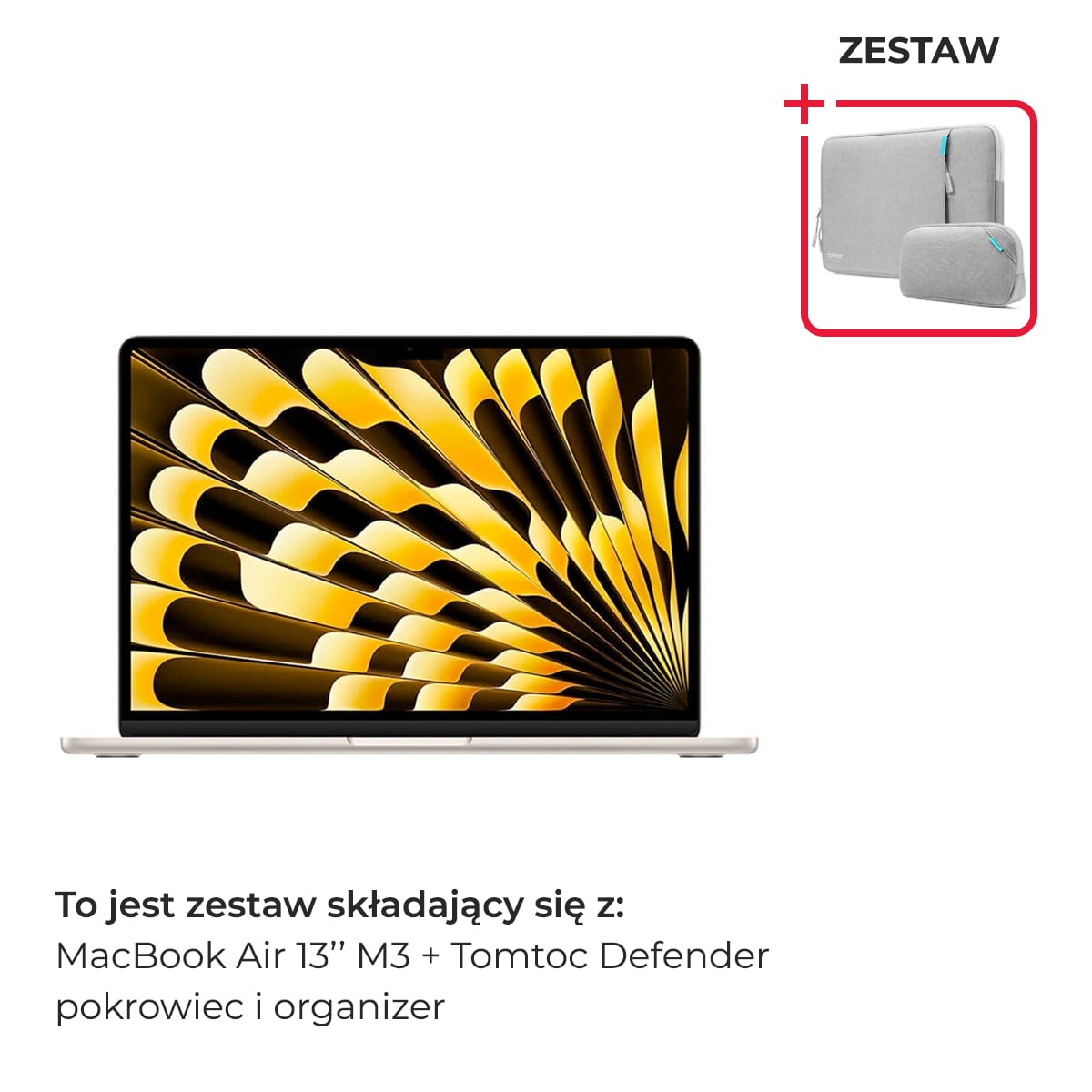 Apple MacBook Air 13 M3 8-core CPU + 10-core GPU / 16GB / 512GB SSD / Klawiatura US / Księżycowa poświata (Starlight) + Tomtoc Defender-A13 Zestaw Pokrowiec i organizer na kable - Ciemnoszary (Dark Gray) 