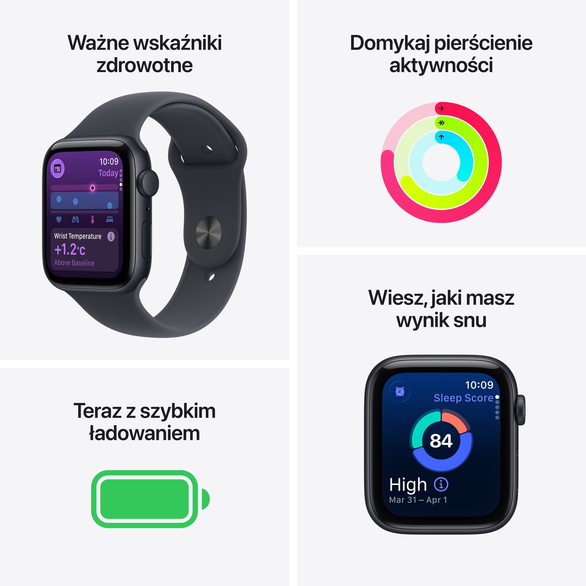 Apple Watch SE 3 GPS Koperta 44mm z Aluminium w kolorze Księżycowej poświaty z Paskiem sportowym w kolorze Księżycowej poświaty - S/M - funkcje