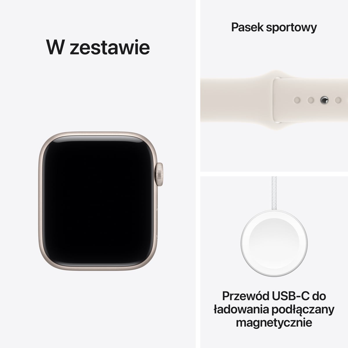 Apple Watch SE 3 GPS Koperta 44mm z Aluminium w kolorze Księżycowej poświaty z Paskiem sportowym w kolorze Księżycowej poświaty - S/M - zawartość pudełka