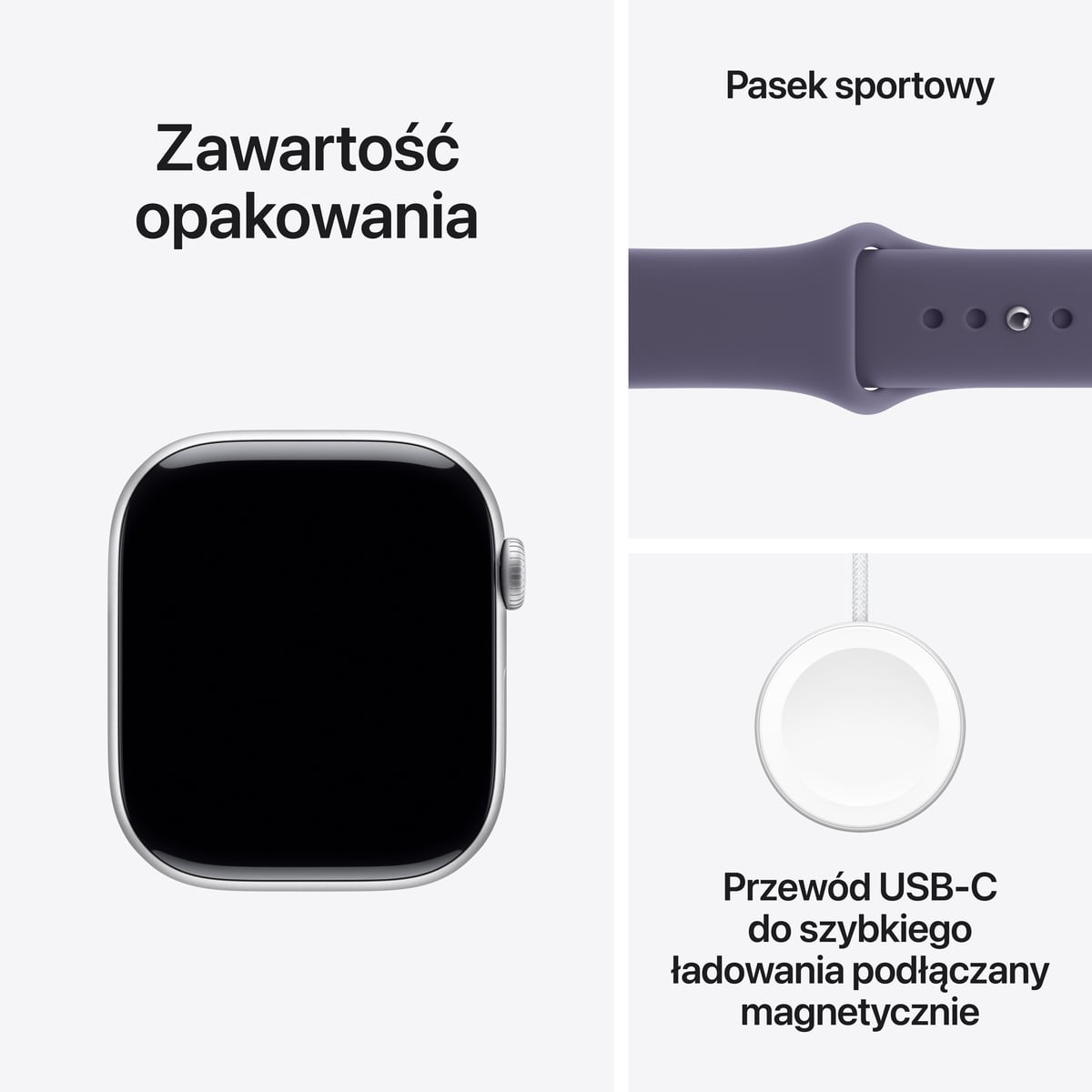 Apple Watch Series 11 GPS + Cellular Koperta 42mm z Aluminium w kolorze Srebrnym z Paskiem sportowym w kolorze Mlecznego fioletu - S/M - zawartość pudełka