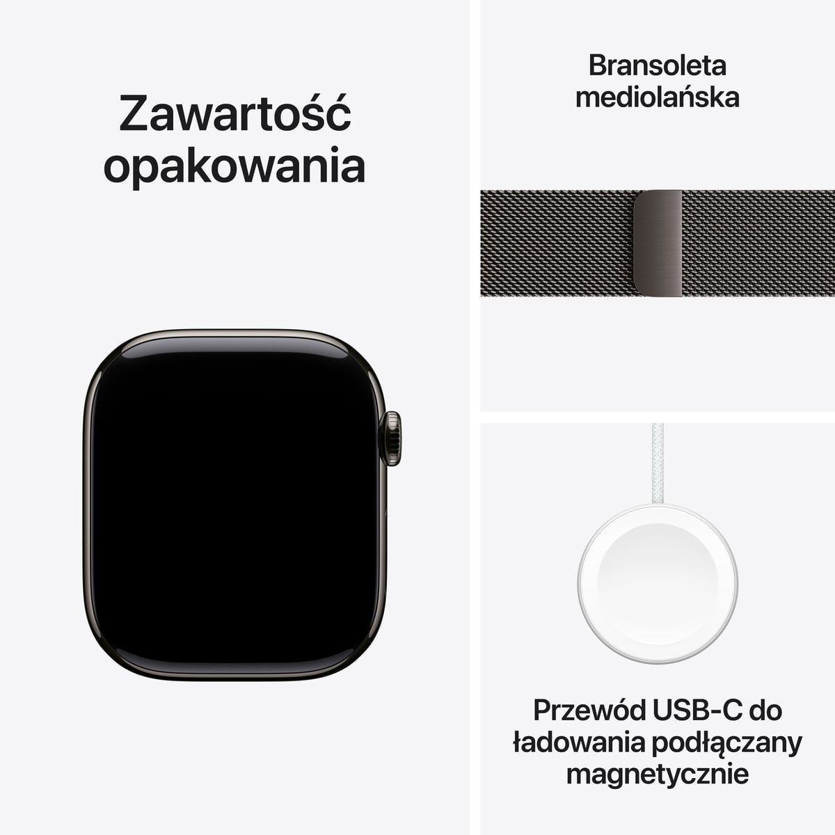 Apple Watch Series 11 GPS + Cellular Koperta 42mm z Tytanu w kolorze Łupku z Bransoletą mediolańską w kolorze Łupku - zawartość pudełka