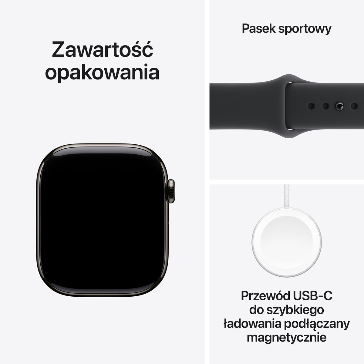 Apple Watch Series 11 GPS + Cellular Koperta 42mm z Tytanu w kolorze Łupku z Paskiem sportowym w kolorze Czarnym - M/L - zawartość pudełka