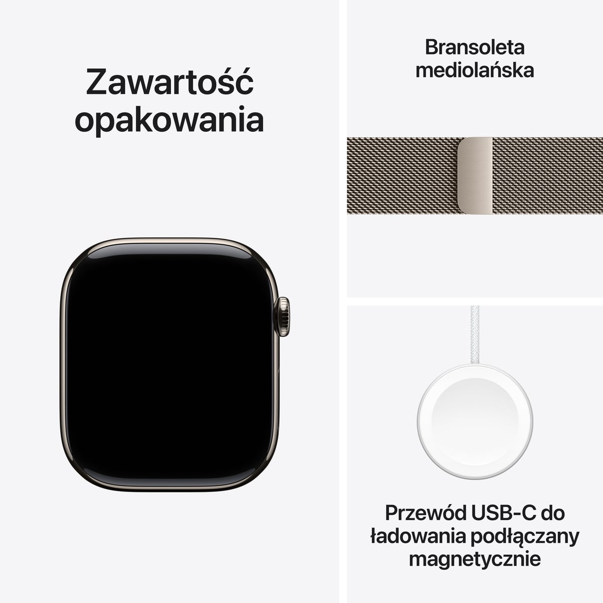 Apple Watch Series 11 GPS + Cellular Koperta 42mm z Tytanu w kolorze Naturalnym z Bransoletą mediolańską w kolorze Naturalnym - zawartość pudełka