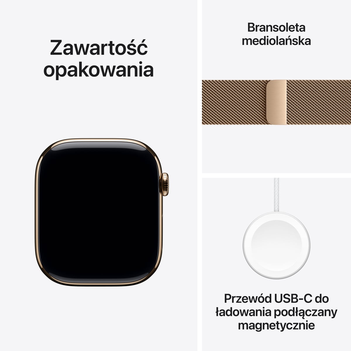 Apple Watch Series 11 GPS + Cellular Koperta 42mm z Tytanu w kolorze Złotym z Bransoletą Mediolańską w kolorze złotym - S/M - zawartość pudełka Apple Watch Series 11 GPS + Cellular Koperta 42mm z Tytanu w kolorze Złotym z Bransoletą Mediolańską w kolorze złotym - S/M - zawartość pudełka