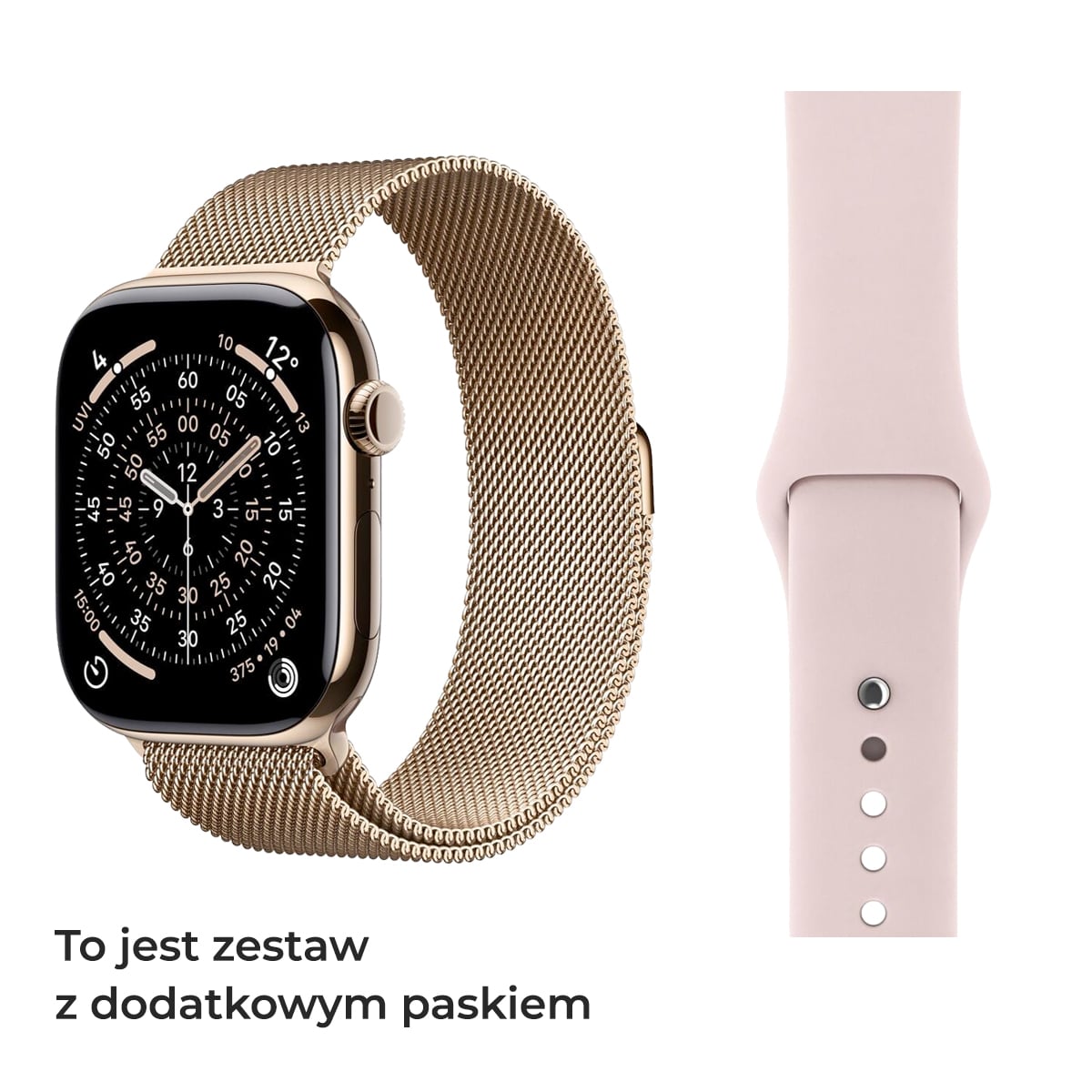 Apple Watch Series 11 GPS + Cellular Koperta 42mm z Tytanu w kolorze Złotym z Bransoletą Mediolańską w kolorze złotym - S/M + Pasek sportowy w kolorze piaskowego różu - rozmiar S/M/L Apple Watch Series 11 GPS + Cellular Koperta 42mm z Tytanu w kolorze Złotym z Bransoletą Mediolańską w kolorze złotym - S/M + Pasek sportowy w kolorze piaskowego różu - rozmiar S/M/L