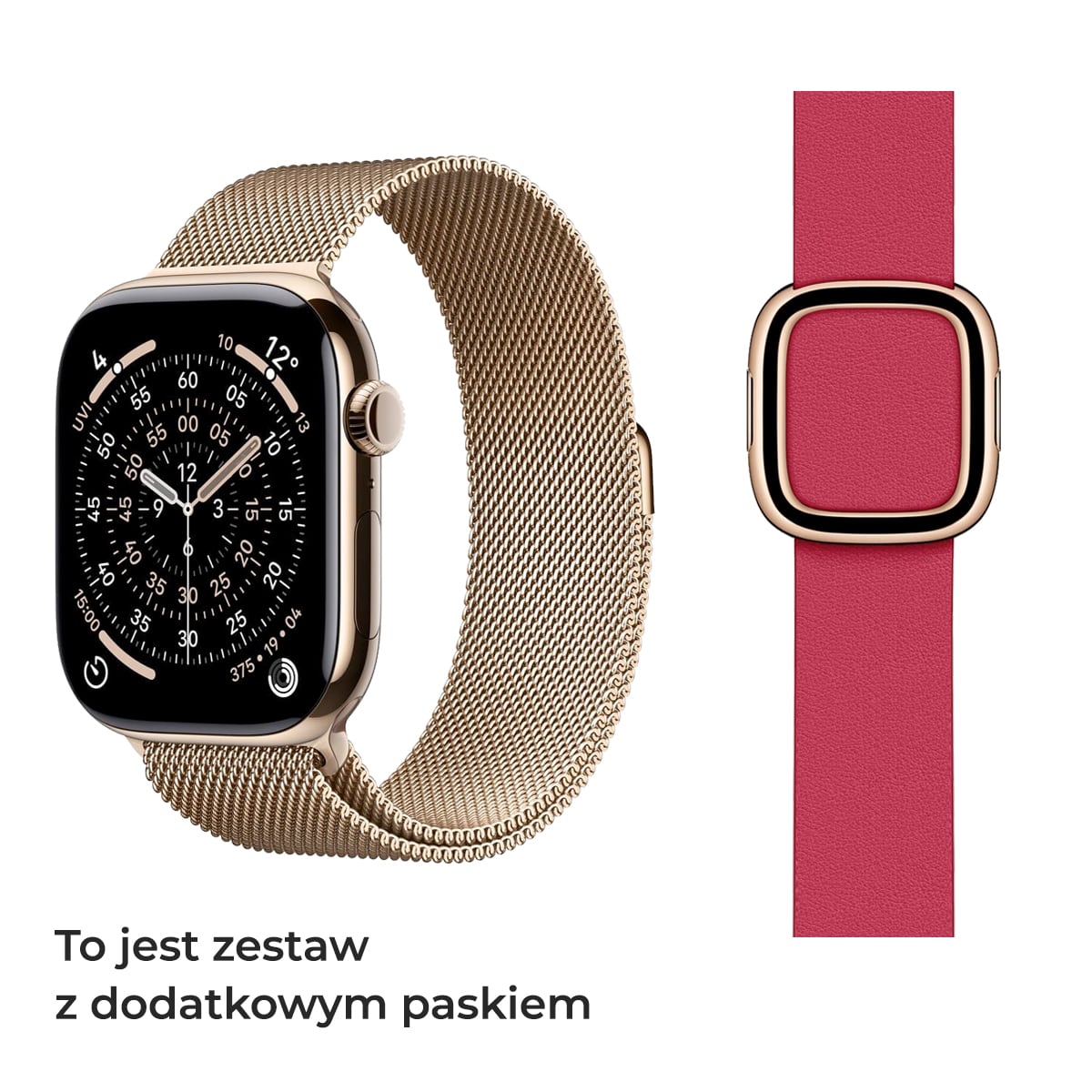 Apple Watch Series 11 GPS + Cellular Koperta 42mm z Tytanu w kolorze Złotym z Bransoletą Mediolańską w kolorze złotym - S/M + Pasek z klamrą nowoczesną w kolorze maliny - rozmiar L Apple Watch Series 11 GPS + Cellular Koperta 42mm z Tytanu w kolorze Złotym z Bransoletą Mediolańską w kolorze złotym - S/M + Pasek z klamrą nowoczesną w kolorze maliny - rozmiar L