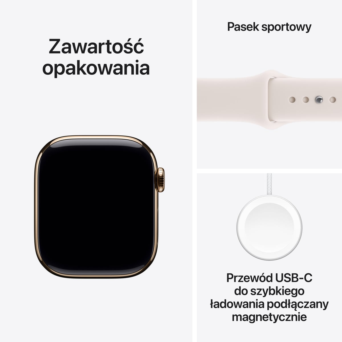 Apple Watch Series 11 GPS + Cellular Koperta 46mm z Tytanu w kolorze Złotym z Paskiem Sportowym w kolorze łagodnego różu - M/L - zawartość pudełka Apple Watch Series 11 GPS + Cellular Koperta 46mm z Tytanu w kolorze Złotym z Paskiem Sportowym w kolorze łagodnego różu - M/L - zawartość pudełka