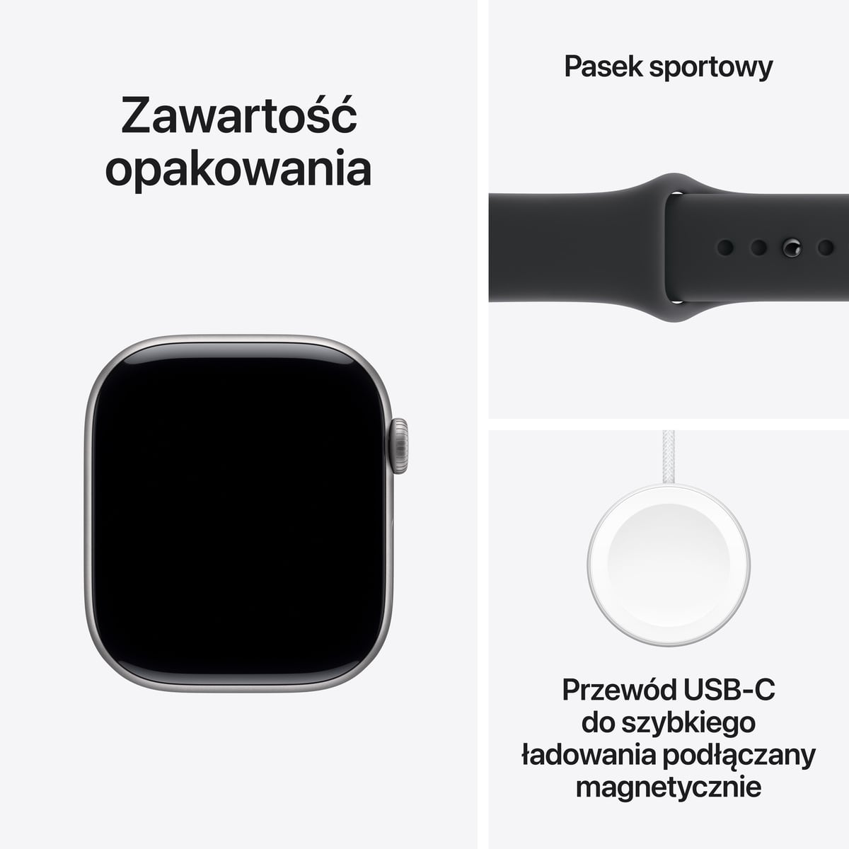 Apple Watch Series 11 GPS Koperta 42mm z Aluminium w kolorze Gwiezdnej szarości z Paskiem sportowym w kolorze Czarnym - S/M - zawartość pudełka Apple Watch Series 11 GPS Koperta 42mm z Aluminium w kolorze Gwiezdnej szarości z Paskiem sportowym w kolorze Czarnym - S/M - zawartość pudełka