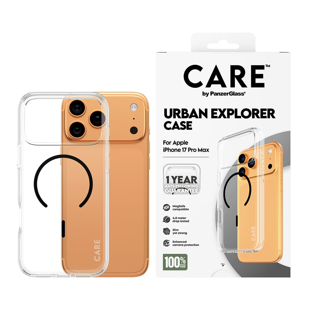 CARE by PanzerGlass Flagship Urban Explorer Etui do iPhone 17 Pro Max z czarnym MagSafe - Przezroczyste - Zawartość opakowania CARE by PanzerGlass Flagship Urban Explorer Etui do iPhone 17 Pro Max z czarnym MagSafe - Przezroczyste - Zawartość opakowania