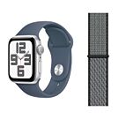 Apple Watch SE 2-gen. GPS Koperta 40mm z Aluminium w kolorze Srebrnym z Paskiem sportowym w kolorze Sztormowego błękitu - rozmiar M/L + Opaska sportowa Nike w kolorze indygo/limonkowym - rozmiar uniwersalny - FRE23QA/V2
