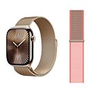 Apple Watch Series 10 GPS + Cellular Koperta 42mm z Tytanu w kolorze Złotym z Bransoletą mediolańską w kolorze Złotym + Opaska sportowa w kolorze neonowego różu - rozmiar uniwersalny - MX083ET/V8