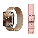 Apple Watch Series 10 GPS + Cellular Koperta 42mm z Tytanu w kolorze Złotym z Bransoletą mediolańską w kolorze Złotym + Skórzany pasek z klamrą klasyczną w kolorze delikatnego różu - rozmiar M/L - MX083ET/V7
