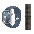 Apple Watch Series 9 GPS Koperta 45mm z Aluminium w kolorze Srebrnym z Paskiem sportowym w kolorze Sztormowego błękitu - rozmiar S/M + Opaska sportowa w kolorze szarego tornada - rozmiar XL - FR9D3LW/V1