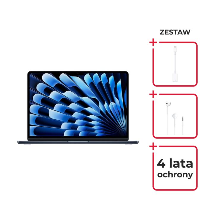 Apple MacBook Air 13 M4 10-rdzeniowy CPU + 8-rdzeniowy GPU / 16GB RAM / 256GB SSD / Północ (Midnight) + Pakiet serwisowy Platinum PRO 4 lata + przejściówka USB-C na USB + Apple EarPods Słuchawki ze złączem Jack 3,5mm - MW123ZE/A/BF10 - zdjęcie 1 z 12