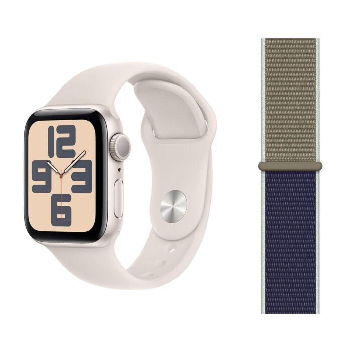 Apple Watch SE 2-gen. GPS Koperta 40mm z Aluminium w kolorze Księżycowej poświaty z Paskiem sportowym w kolorze Księżycowej poświaty - rozmiar M/L + Opaska sportowa w kolorze khaki - rozmiar uniwersalny - FR9V3QA/V2 - zdjęcie 1 z 5