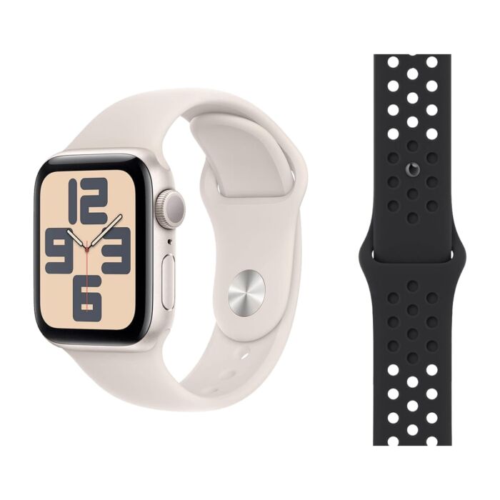 Apple Watch SE 2-gen. GPS Koperta 40mm z Aluminium w kolorze Księżycowej poświaty z Paskiem sportowym w kolorze Księżycowej poświaty - rozmiar M/L + Pasek sportowy Nike w kolorze czarnym - rozmiar S/M/L - FR9V3QA/V1 - zdjęcie 1 z 5