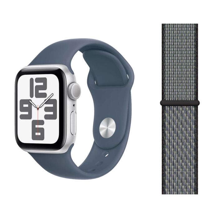 Apple Watch SE 2-gen. GPS Koperta 40mm z Aluminium w kolorze Srebrnym z Paskiem sportowym w kolorze Sztormowego błękitu - rozmiar M/L + Opaska sportowa Nike w kolorze indygo/limonkowym - rozmiar uniwersalny - FRE23QA/V2 - zdjęcie 1 z 5