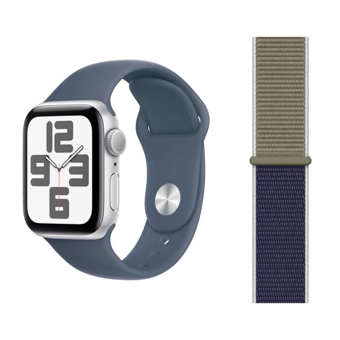 Apple Watch SE 2-gen. GPS Koperta 40mm z Aluminium w kolorze Srebrnym z Paskiem sportowym w kolorze Sztormowego błękitu - rozmiar M/L + Opaska sportowa w kolorze khaki - rozmiar uniwersalny - FRE23QA/V1 - zdjęcie 1 z 5