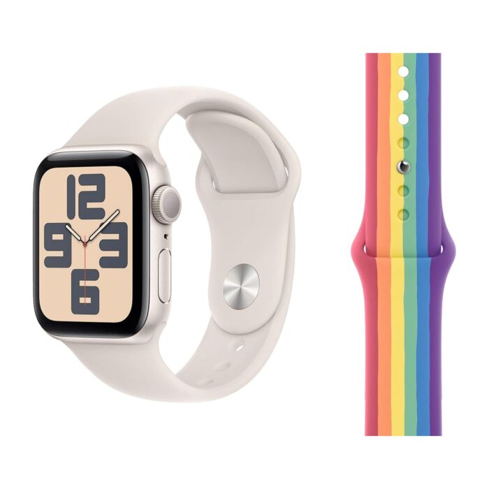 Apple Watch SE 2-gen. GPS Koperta 44mm z Aluminium w kolorze Księżycowej poświaty z Paskiem sportowym w kolorze Księżycowej poświaty - rozmiar S/M + Pasek sportowy w kolorze Pride Edition - rozmiar S/M/L - FRE43QA/V2 - zdjęcie 1 z 5