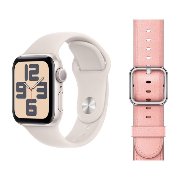 Apple Watch SE 2-gen. GPS Koperta 44mm z Aluminium w kolorze Księżycowej poświaty z Paskiem sportowym w kolorze Księżycowej poświaty - rozmiar S/M + Skórzany pasek z klamrą klasyczną w kolorze delikatnego różu - rozmiar M/L - FRE43QA/V1 - zdjęcie 1 z 5