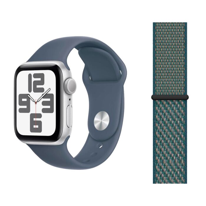 Apple Watch SE 2-gen. GPS Koperta 44mm z Aluminium w kolorze Srebrnym z Paskiem sportowym w kolorze Sztormowego błękitu - rozmiar S/M + Opaska sportowa Nike w kolorze purpury/oceanicznej zieleni - rozmiar uniwersalny - FREC3QA/V2 - zdjęcie 1 z 5