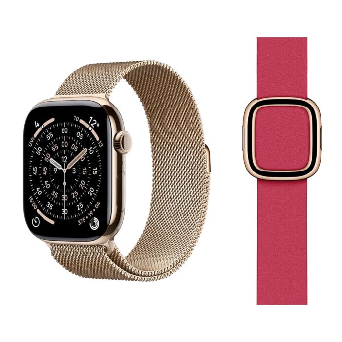 Apple Watch Series 11 GPS + Cellular Koperta 42mm z Tytanu w kolorze Złotym z Bransoletą Mediolańską w kolorze złotym - S/M + Pasek z klamrą nowoczesną w kolorze maliny - rozmiar S - MF8Y4MP/V6 - zdjęcie 1 z 5