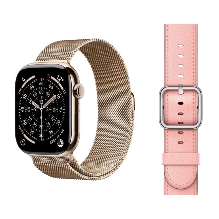 Apple Watch Series 11 GPS + Cellular Koperta 42mm z Tytanu w kolorze Złotym z Bransoletą Mediolańską w kolorze złotym - S/M + Skórzany pasek z klamrą klasyczną w kolorze delikatnego różu - rozmiar M/L - MF8Y4MP/V7 - zdjęcie 1 z 5