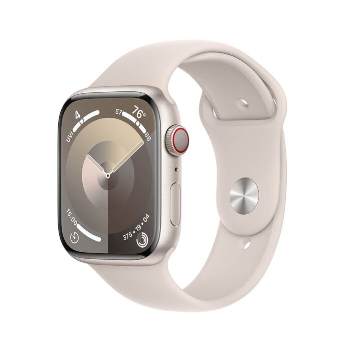 Apple Watch Series 9 GPS + Cellular Koperta 45mm z Aluminium w kolorze Księżycowej poświaty z Paskiem sportowym w kolorze Księżycowej poświaty - rozmiar S/M – Outlet - FRM83LW/A/W261 - zdjęcie 1 z 10