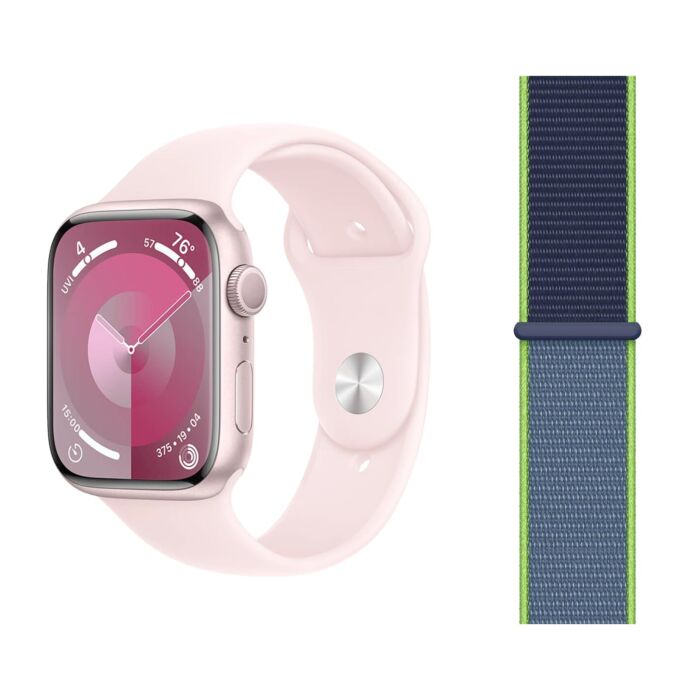 Apple Watch Series 9 GPS + Cellular Koperta 45mm z Aluminium w kolorze Różowym z Paskiem sportowym w kolorze Jasnoróżowym - rozmiar M/L + Opaska sportowa w kolorze neonowej limonki - rozmiar uniwersalny - FRML3LW/V2 - zdjęcie 1 z 5
