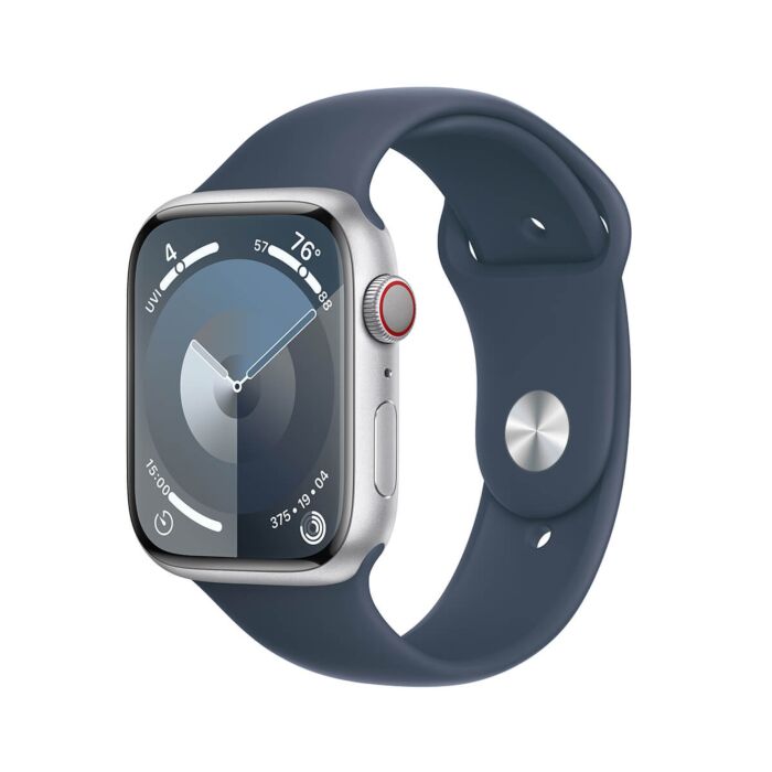 Apple Watch Series 9 GPS + Cellular Koperta 45mm z Aluminium w kolorze Srebrnym z Paskiem sportowym w kolorze Sztormowego błękitu - rozmiar S/M – Outlet - FRMG3LW/A/W287 - zdjęcie 1 z 10