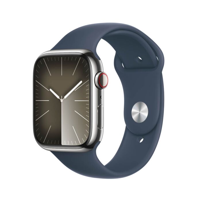 Apple Watch Series 9 GPS + Cellular Koperta 45mm ze Stali nierdzewnej w kolorze Srebrnym z Paskiem sportowym w kolorze Sztormowego błękitu - rozmiar M/L – Outlet - MRMP3QP/A/W316 - zdjęcie 1 z 10