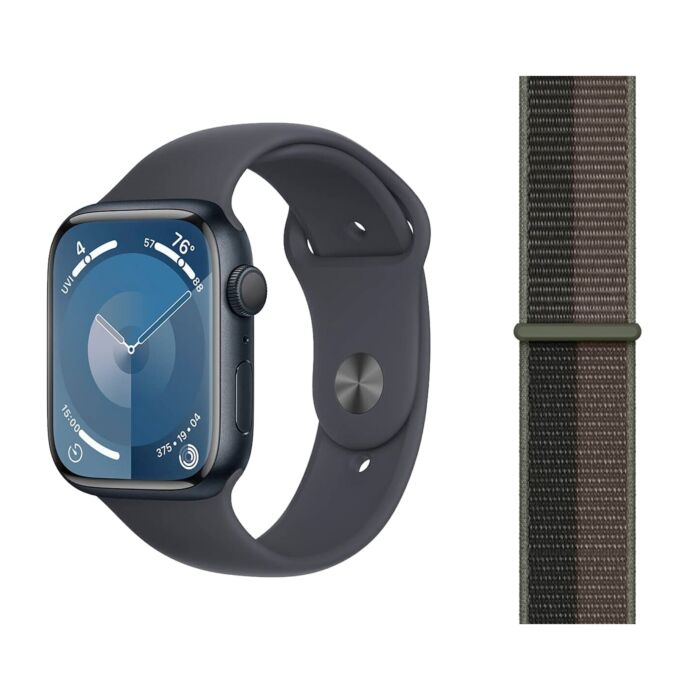 Apple Watch Series 9 GPS Koperta 45mm z Aluminium w kolorze Północy z Paskiem sportowym w kolorze Północy - rozmiar M/L + Opaska sportowa w kolorze szarego tornada - rozmiar XL - FR9A3LW/V1 - zdjęcie 1 z 5