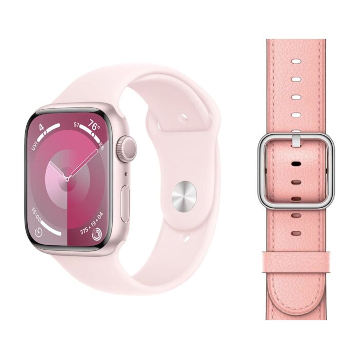 Apple Watch Series 9 GPS Koperta 45mm z Aluminium w kolorze Różowym z Paskiem sportowym w kolorze Jasnoróżówym - rozmiar M/L + Skórzany pasek z klamrą klasyczną w kolorze delikatnego różu - rozmiar M/L - FR9H3LW/V1 - zdjęcie 1 z 5