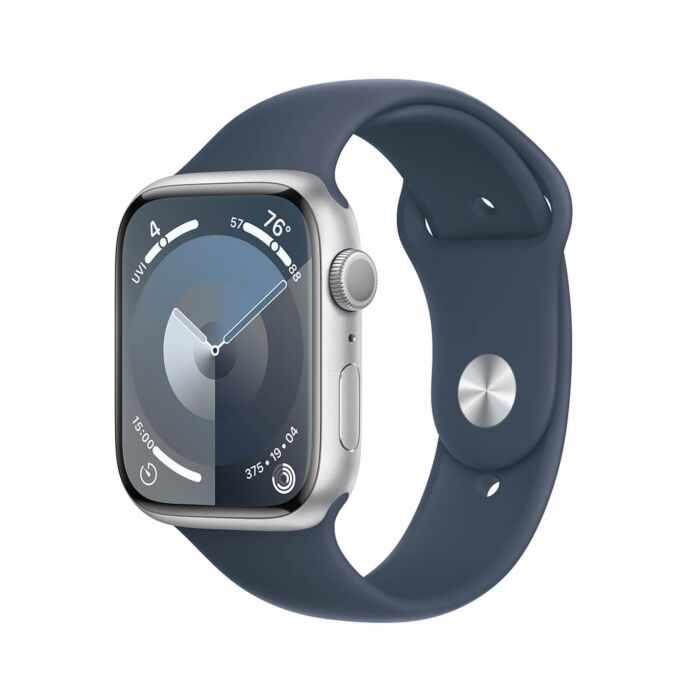 Apple Watch Series 9 GPS Koperta 45mm z Aluminium w kolorze Srebrnym z Paskiem sportowym w kolorze Sztormowego błękitu - rozmiar S/M – Outlet - FR9D3LW/A/W376 - zdjęcie 1 z 10