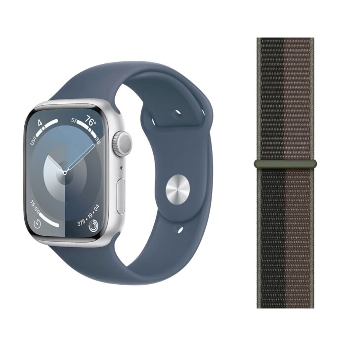 Apple Watch Series 9 GPS Koperta 45mm z Aluminium w kolorze Srebrnym z Paskiem sportowym w kolorze Sztormowego błękitu - rozmiar S/M + Opaska sportowa w kolorze szarego tornada - rozmiar XL - FR9D3LW/V1 - zdjęcie 1 z 5