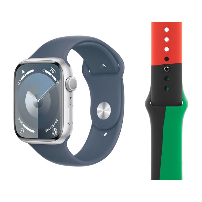 Apple Watch Series 9 GPS Koperta 45mm z Aluminium w kolorze Srebrnym z Paskiem sportowym w kolorze Sztormowego błękitu - rozmiar S/M +  Pasek sportowy  w kolorze Black Unity - rozmiar S/M/L - FR9D3LW/V2 - zdjęcie 1 z 5