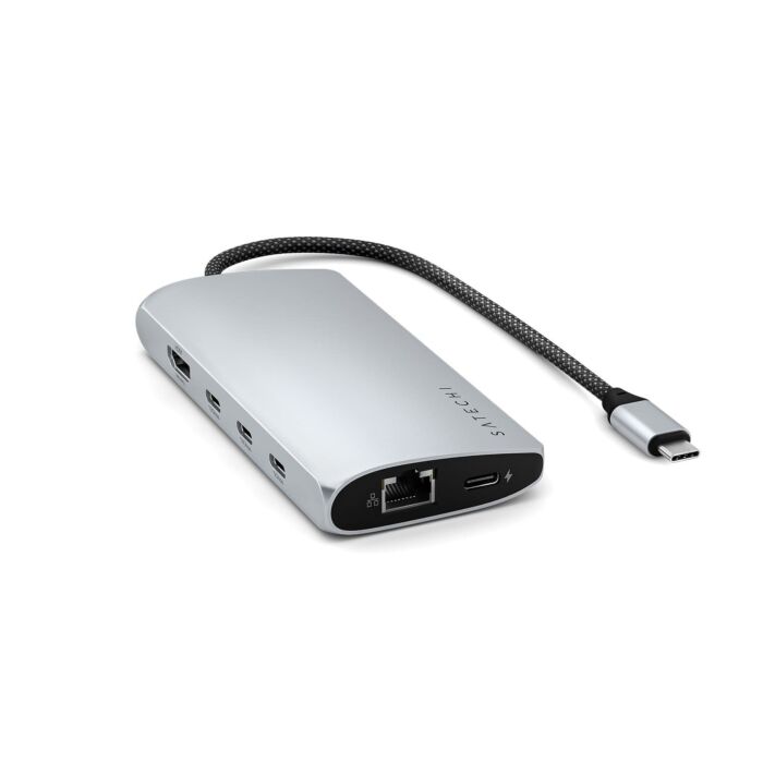 Satechi Multiport Adapter 8K USB-C (USB-C / HDMI / 3x USB 3.2 Gen 2 10Gbps / 1x USB 3.2 Gen 1 5Gbps / czytnik kart SD UHS-II / Ethernet port) - Srebrny - ST-P8KES - zdjęcie 1 z 10