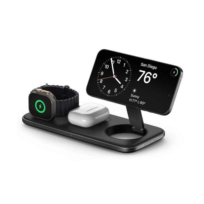 Satechi Qi2 Trio Wireless Charging Pad Magnetyczna ładowarka bezprzewodowa do trzech urządzeń AppleWatch 5W / AirPods 5W / Qi2 15W / w zestawie kabel 1m / ładowarka sieciowa 45W / wymienne wtyczki UK i EU - Gwiezdna szarość - ST-QTPM-EA - zdjęcie 1 z 4