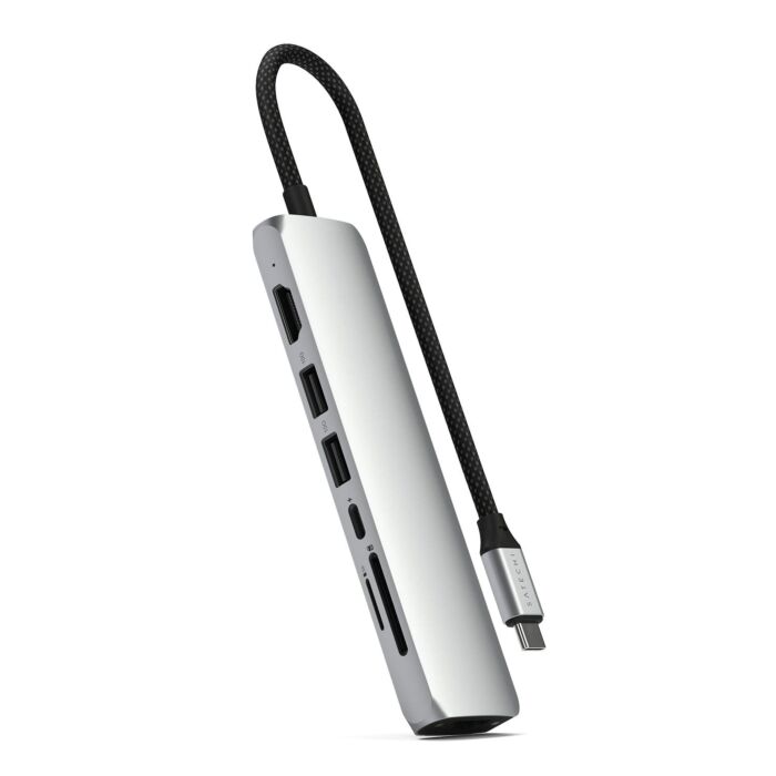 Satechi Slim Multiport Adapter Aluminiowy adapter do urządzeń mobilnych 7w1 USB-C / 2x USB-A / 4K HDMI / Enthernet / czytnik kart micro/SD - Srebrny - ST-P7SS - zdjęcie 1 z 7