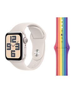 Apple Watch SE 2-gen. GPS Koperta 44mm z Aluminium w kolorze Księżycowej poświaty z Paskiem sportowym w kolorze Księżycowej poświaty - rozmiar S/M + Pasek sportowy w kolorze Pride Edition - rozmiar S/M/L