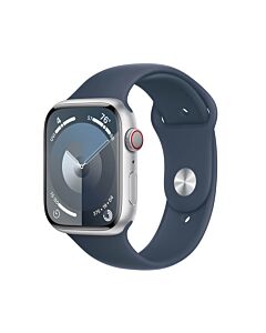 Apple Watch Series 9 GPS + Cellular Koperta 45mm z Aluminium w kolorze Srebrnym z Paskiem sportowym w kolorze Sztormowego błękitu - rozmiar S/M