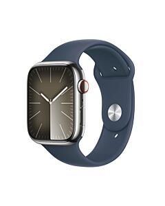 Apple Watch Series 9 GPS + Cellular Koperta 45mm ze Stali nierdzewnej w kolorze Srebrnym z Paskiem sportowym w kolorze Sztormowego błękitu - rozmiar M/L