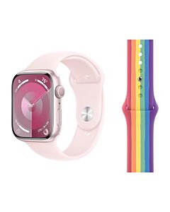 Apple Watch Series 9 GPS Koperta 45mm z Aluminium w kolorze Różowym z Paskiem sportowym w kolorze Jasnoróżowym - rozmiar M/L + Pasek sportowy w kolorze Pride Edition - rozmiar S/M/L