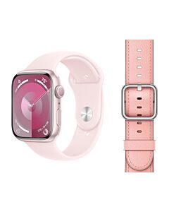 Apple Watch Series 9 GPS Koperta 45mm z Aluminium w kolorze Różowym z Paskiem sportowym w kolorze Jasnoróżówym - rozmiar M/L + Skórzany pasek z klamrą klasyczną w kolorze delikatnego różu - rozmiar M/L
