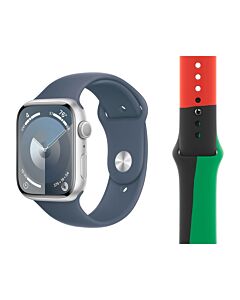 Apple Watch Series 9 GPS Koperta 45mm z Aluminium w kolorze Srebrnym z Paskiem sportowym w kolorze Sztormowego błękitu - rozmiar S/M +  Pasek sportowy  w kolorze Black Unity - rozmiar S/M/L