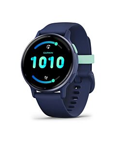 Garmin Vivoactive 5 Smartwatch GPS + Cellular z kopertą 42mm Metaliczny aluminiowy bezel w kolorze granatowym z kopertą w kolorze granatowym i silikonowym paskiem