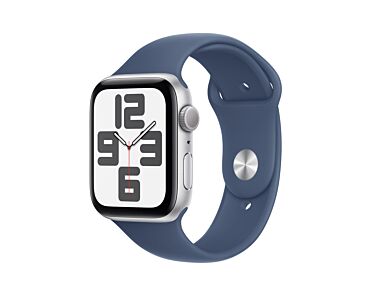 Apple Watch SE GPS Koperta 44mm z Aluminium w kolorze Srebrnym z Paskiem sportowym w kolorze Denim - M/L