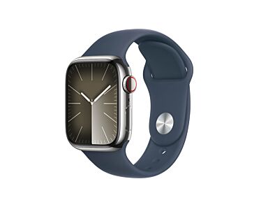 Apple Watch Series 9 GPS + Cellular Koperta 41mm ze Stali nierdzewnej w kolorze Srebrnym z Paskiem sportowym w kolorze Sztormowego błękitu - rozmiar S/M - Outlet