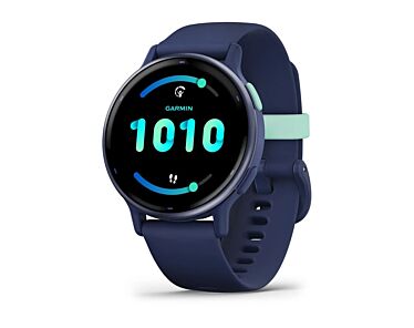 Garmin Vivoactive 5 Smartwatch GPS + Cellular z kopertą 42mm Metaliczny aluminiowy bezel w kolorze granatowym z kopertą w kolorze granatowym i silikonowym paskiem