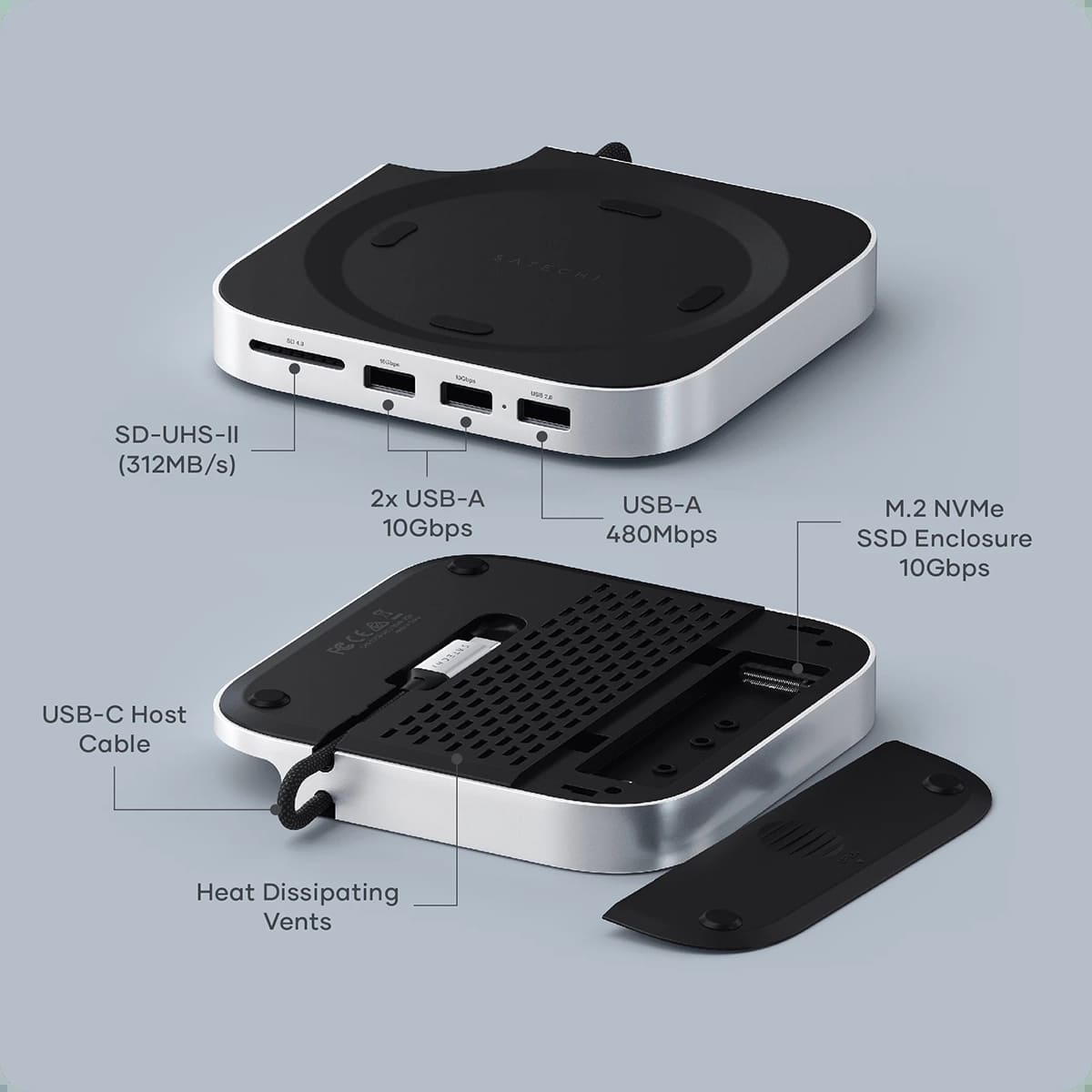 Satechi Mac Mini M4 Stand & Hub SSD Aluminiowa podstawka do Mac Mini z Hub USB-C host USB-C 3.2 gen. 2 / 2x USB-A 3.2 10Gpbs / USB-A 2.0 480Mbps / czytnik kart SD 4.0 UHS-II do 312 MB/s / kieszeń na dysk SSD NVMe) - Srebrna Satechi Mac Mini M4 Stand & Hub SSD Aluminiowa podstawka do Mac Mini z Hub USB-C host USB-C 3.2 gen. 2 / 2x USB-A 3.2 10Gpbs / USB-A 2.0 480Mbps / czytnik kart SD 4.0 UHS-II do 312 MB/s / kieszeń na dysk SSD NVMe) - Srebrna